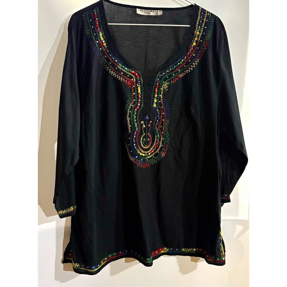 Carlie's Court Women’s Blouse 2X Black Solid Embroidered V-Neck 3/4Slv Tunic
